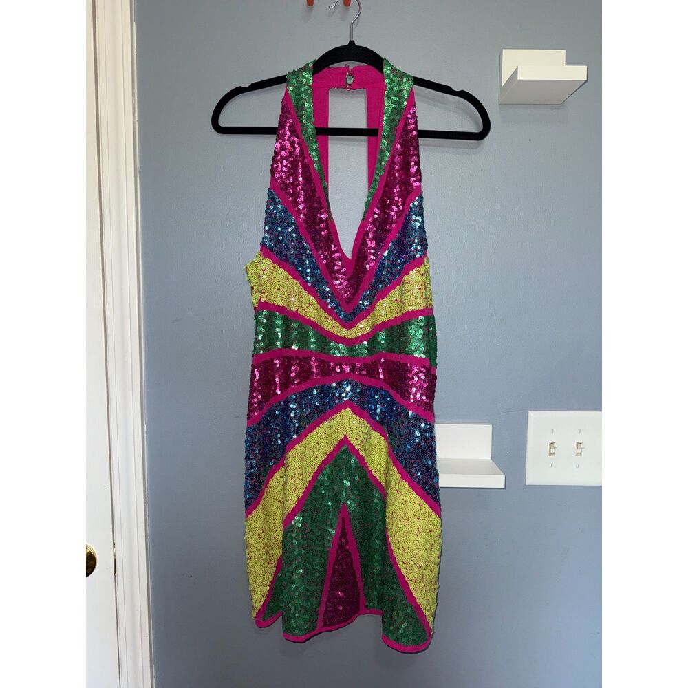 NWT Nasty Gal Embellished Color-Block Plunge Mini Dress | Size US 10 | Festival